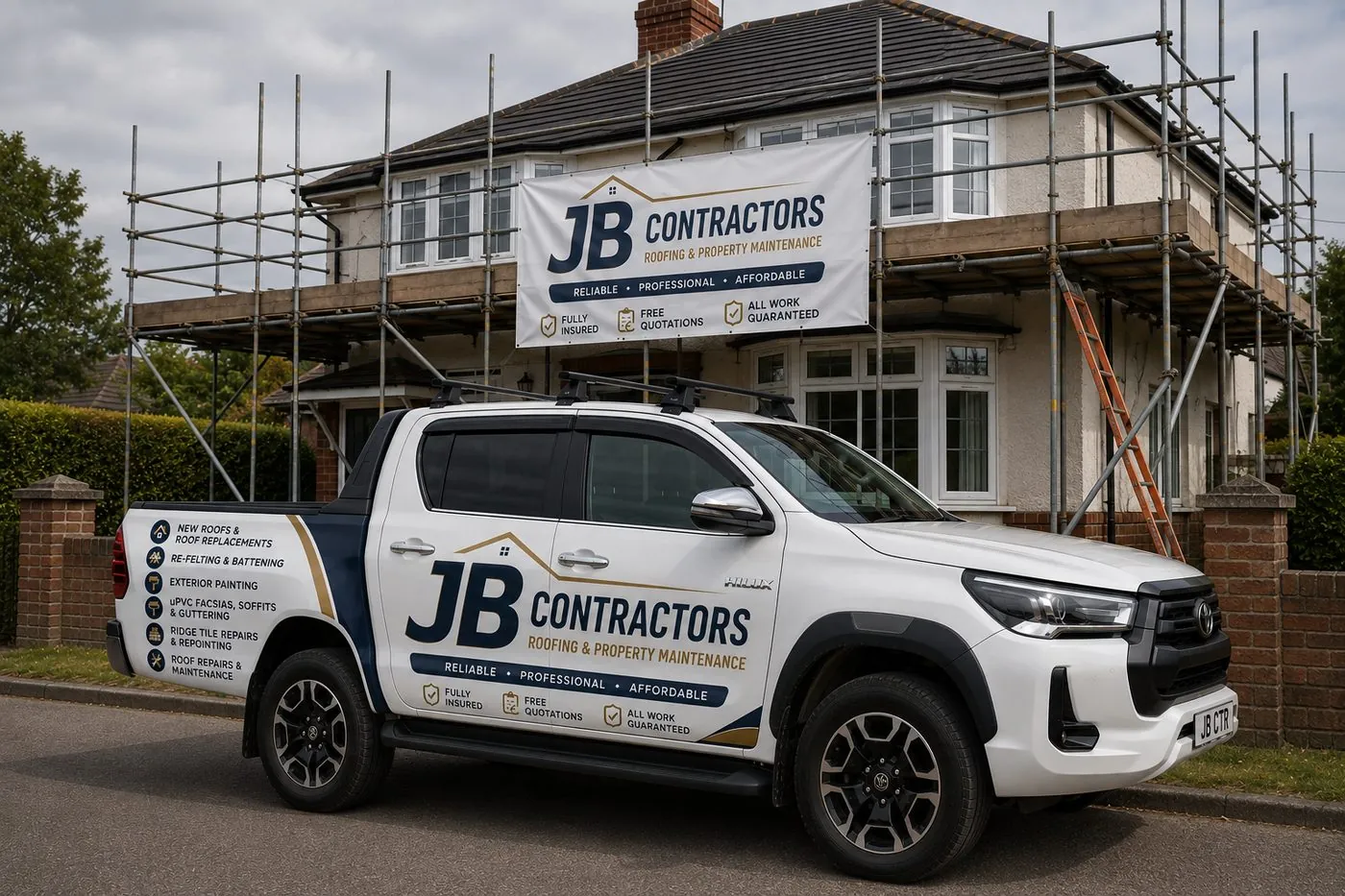 Ilfracombe Roofing pickup truck on site at a scaffolded roofing job in Ilfracombe